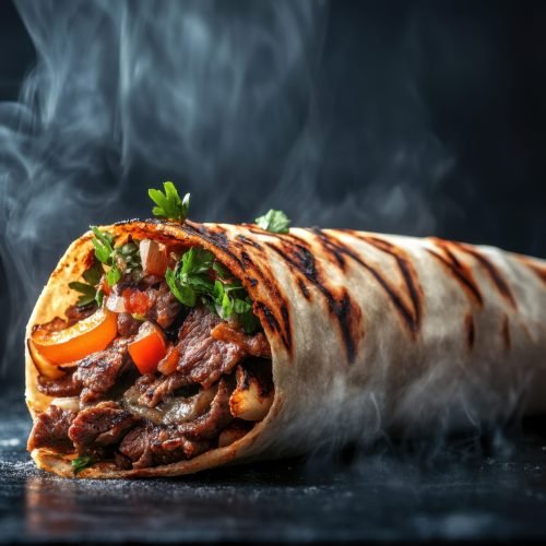delicious grilled beef wrap with fresh vegetables served on a dark background